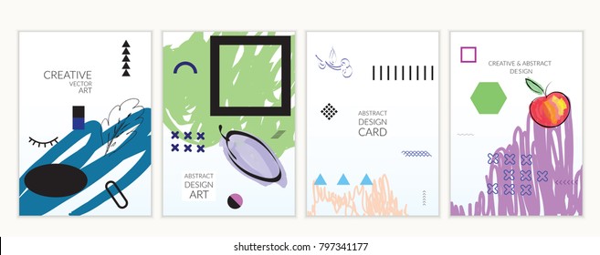 Set of artistic minimal universal card templates in Memphis style with abstract hand drawn doodles. Design for poster, card, invitation. Roughly drawn bright trendy textures. Vector isolated