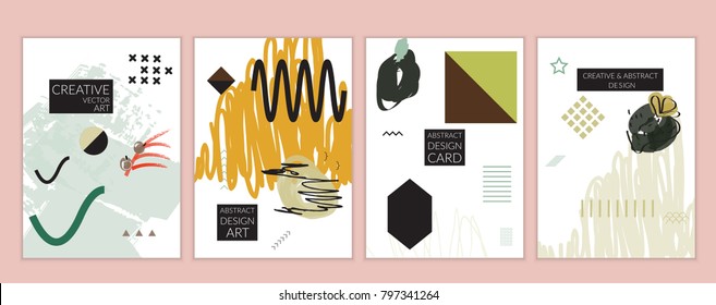 Set of artistic minimal universal card templates in Memphis style with abstract hand drawn doodles. Design for poster, card, invitation. Roughly drawn bright trendy textures. Vector isolated