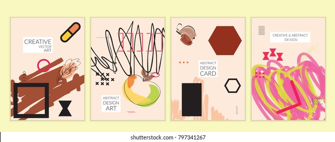 Set of artistic minimal universal card templates in Memphis style with abstract hand drawn doodles. Design for poster, card, invitation. Roughly drawn bright trendy textures. Vector isolated