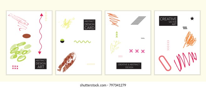Set of artistic minimal universal card templates in Memphis style with abstract hand drawn doodles. Design for poster, card, invitation. Roughly drawn bright trendy textures. Vector isolated
