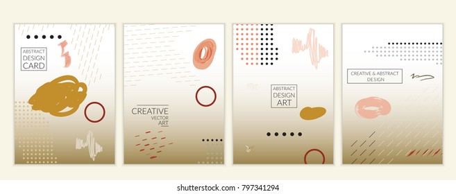 Set of artistic minimal universal card templates in Memphis style with abstract hand drawn doodles. Design for poster, card, invitation. Roughly drawn bright trendy textures. Vector isolated