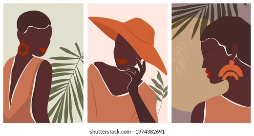 Set is an artistic, minimalistic, abstract portrait of a man or woman with a bald head, wearing a hat. Fashion modern template, greeting card, silhouette, background poster with wall art print. Vector