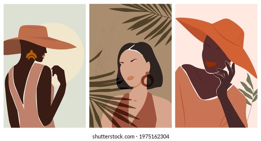 Set is an artistic, minimalistic, abstract portrait exotic woman, female, wearing a hat. Fashion modern template, greeting card, silhouette, background poster with wall art print. Vector.