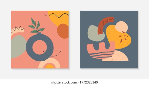 Set of artistic modern vector illustration with vase,leaves,organic shapes and graphic elements.Trendy contemporary design perfect for prints;banners templates;social media,invitations;branding,covers