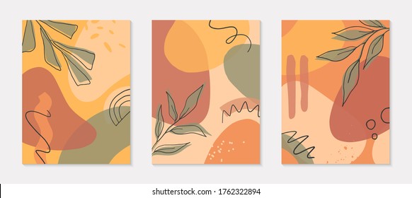 Set of artistic modern vector illustrations with organic shapes,leaves,graphic elements.Terracotta art prints.Trendy contemporary design perfect for banners templates;social media,invitations;covers.