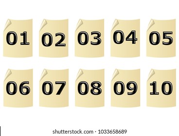 Set of artistic number on old yellow recycled paper with rolled corner. Embossed black number with highlights