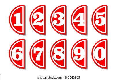 Set of artistic number in semicircular shape, white digits on red background, useful as infographic tag for presentation template