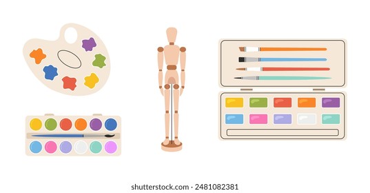 Set of artistic palettes and the wooden mannequin. Vector hand drawn flat illustration.