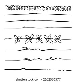 Set künstlerischer Federbürsten. Doodle unterstreicht. Schwarze Marker- und Grunge-Pinselstriche. Vektorgrafik