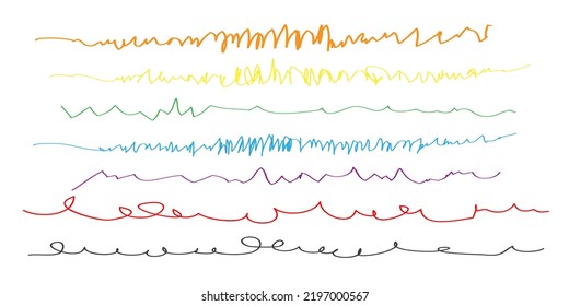 A set of artistic pen brushes. Doodle infected brushes. Set of vector grunge brushes. multicolored doodles. Collection of marker strokes. Set of wavy horizontal borders
