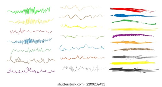 A set of artistic pen brushes. Doodle infected brushes. Set of vector grunge brushes. multicolored doodles. Collection of marker strokes. Set of wavy horizontal borders
