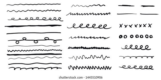 Set of artistic pen brushes. Hand drawn grunge strokes.
