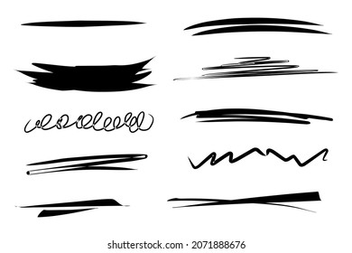 Set of artistic pen brushes. Hand drawn grunge strokes. Doodle design elements. Hand drawn collection set of underline strokes in marker brush doodle style.