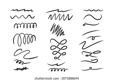 Conjunto de pinceles artísticos para la pluma. Golpes de grano dibujados a mano. Elementos de diseño Doodle. Conjunto de colecciones dibujadas a mano de trazos de subrayado en el estilo de doodle de pincel marcador.