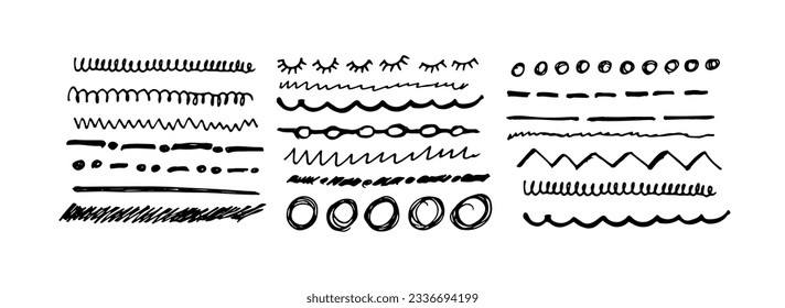 Set of artistic pen brushes. Hand drawn grunge strokes. Vector illustration