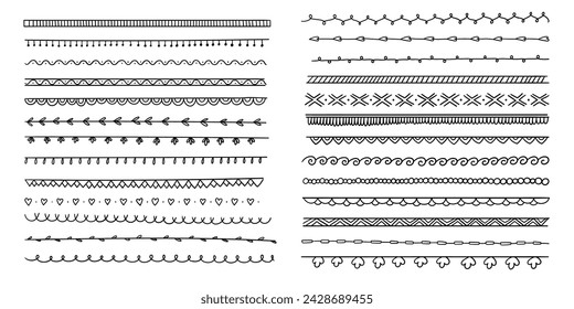 Conjunto de pinceles de pluma artísticos. Trazos de grunge dibujados a mano. Ilustración vectorial. divisores de línea escritos a mano y bordes resaltados