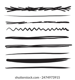 Set von künstlerischen Stift Pinsel. Handgezeichnete Grunge-Striche. Doodle-Linien, verschiedene Teiler für Websites. Vektorillustration