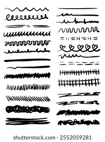 Set of artistic pen brushes. Hand drawn grunge strokes. Doodle lines, various dividers for web sites. Vector illustration