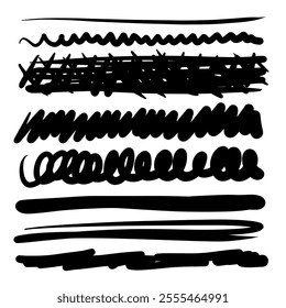Set of artistic pen brushes. Hand drawn grunge strokes. Doodle lines, various dividers for web sites. Vector illustration