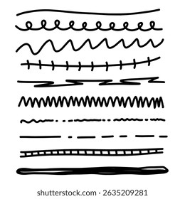 Set of artistic pen brushes. Hand drawn grunge strokes. Doodle lines, various dividers for web sites. Vector illustration