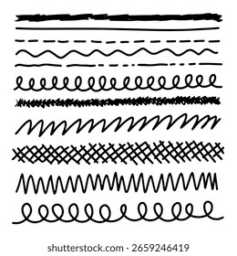 Set of artistic pen brushes. Hand drawn grunge strokes. Doodle lines, various dividers for web sites. Vector illustration