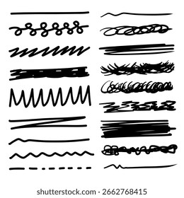 Conjunto de pinceles de pluma artística. Trazos de grunge dibujados a mano. Doodle líneas, varios divisores para Sitios web sobre fondo blanco.