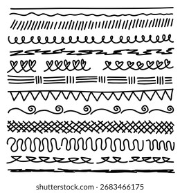 Conjunto de pincéis artísticos. Golpes de grunge desenhados à mão. Linhas de doodle, vários divisores para sites. Ilustração vetorial