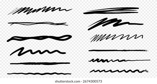 Set of artistic pen brushes., ink brushes. of vector grunge brushes. Collection of strokes of markers. Set of wavy horizontal lines