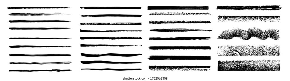 Set of artistic pen brushes. Vintage doodle underlines. Hand drawn grunge strokes. Scribble marker borders, sketch underlines.  Set of black strokes. Ink brush drawing. Isolated. Vector illustration