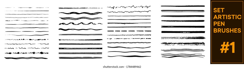 Set of artistic pen brushes. Vintage doodle underlines. Hand drawn grunge strokes. Scribble marker borders, sketch underlines. Set of black strokes. Ink brush drawing. Isolated grunge brushes. Vector