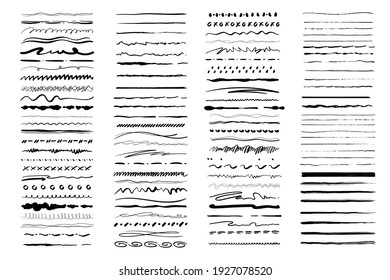 Set of artistic pen brushes. Vintage doodle underlines. Hand drawn grunge strokes. Scribble marker borders, sketch underlines. Vector illustration