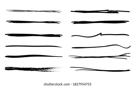 Set of artistic pen brushes.Doodles, ink brushes.Set of vector grunge brushes. Collection of strokes of markers. Set of wavy horizontal lines