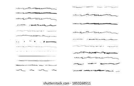 Set of artistic pen brushes.Doodles, ink brushes.Set of vector grunge brushes. Collection of strokes of markers. Set of wavy horizontal lines