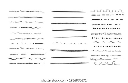 Set of artistic pen brushes.Doodles, ink brushes.Set of vector grunge brushes. Collection of strokes of markers. Set of wavy horizontal lines