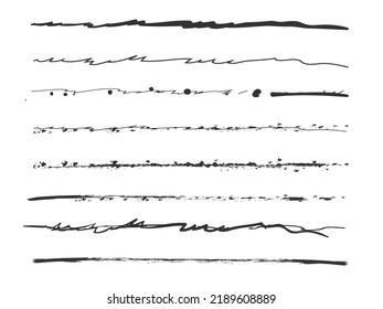 Set of artistic pen brushes.Doodles, ink brushes.Set of vector grunge brushes. Collection of strokes of markers. Set of wavy horizontal lines