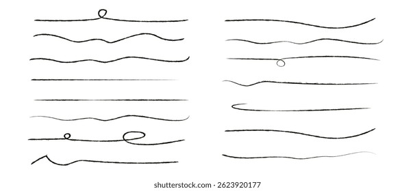 Set of artistic pen brushes.Doodles, ink brushes.Set of vector grunge brushes. Collection of strokes of markers. Set of wavy horizontal lines