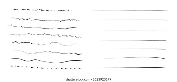 Set of artistic pen brushes.Doodles, ink brushes.Set of vector grunge brushes. Collection of strokes of markers. Set of wavy horizontal lines