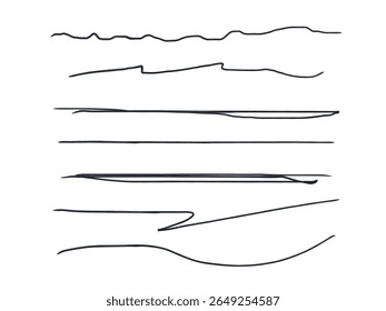 Set of artistic pen brushes.Doodles, ink brushes.Set of vector grunge brushes. Collection of strokes of markers. Set of wavy horizontal lines