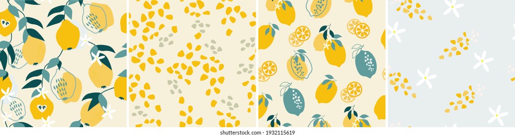 Set of artistic seamless pattern with abstract flowers, shapes, leaves, lemons and pears in yellow and blue. Vector illustration.