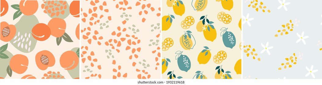 Set of artistic seamless pattern with abstract colors, simple shapes, leaves, lemons and peaches in yellow and blue, orange colors. Vector illustration.