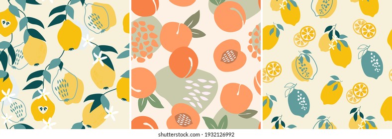 A set of artistic seamless patterns with abstract fruits. flowers, shapes, leaves, lemons and pears, peaches of yellow and blue colors. Vector illustration.