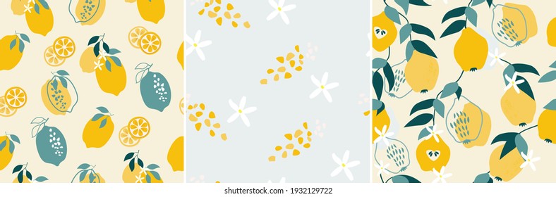 A set of artistic seamless patterns with abstract flowers, shapes, leaves, lemons and pears in yellow and blue. Vector illustration.