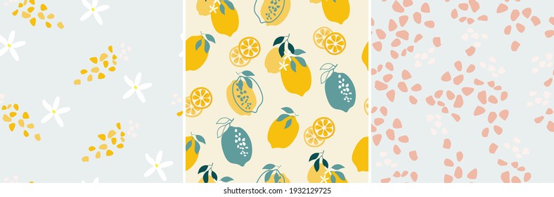 A set of artistic seamless patterns with abstract flowers, shapes, leaves, lemons and pears in yellow and blue. Vector illustration.