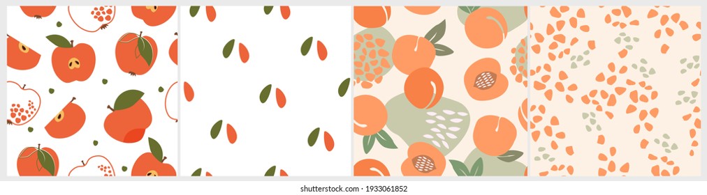 A set of artistic seamless patterns with abstract flowers, fruits of simple shapes, apples, leaves, peaches in delicate red and orange tones. Vector illustration.