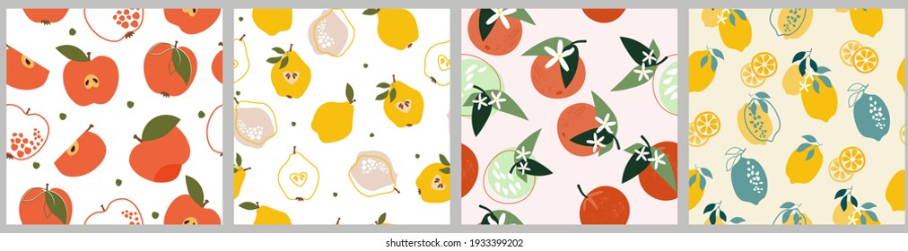 A set of artistic seamless patterns with abstract fruits. Flowers, simple shapes, leaves, lemons and pears, apples, oranges, bright summer colors for prints. wallpaper, textiles. Vector illustration.