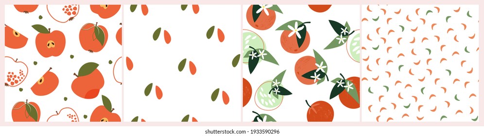 A set of artistic seamless patterns with abstract fruits. Flowers, simple shapes, leaves, tangerines, oranges, apples, citrus bright summer colors for prints, wallpaper, textiles. Vector illustration.