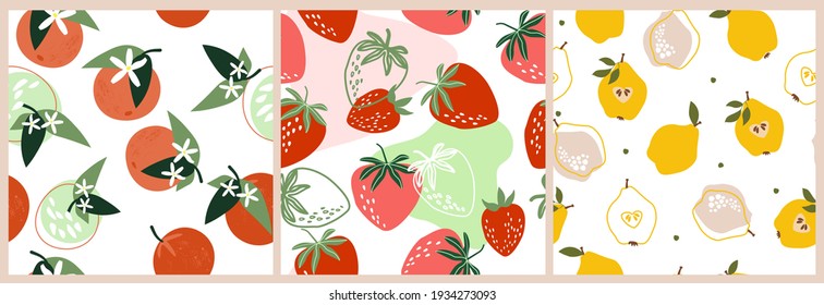 Set artistic seamless patterns abstract fruits. Flowers, simple shapes, leaves, tangerines, oranges, pears, strawberries, citrus fruits bright summer colors for prints, wallpaper, textiles. Vector.