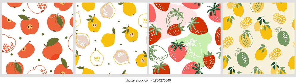 Set artistic seamless patterns abstract fruits. Flowers, simple shapes, leaves, tangerines, apple, oranges, pears, strawberries, citrus  bright summer colors for prints, wallpaper, textiles. Vector.