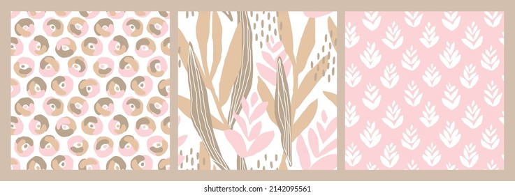 Set of artistic seamless patterns with abstract plants and shapes. Colorful floral illustration for paper and gift wrap. Fabric print modern design. Creative stylish background.
