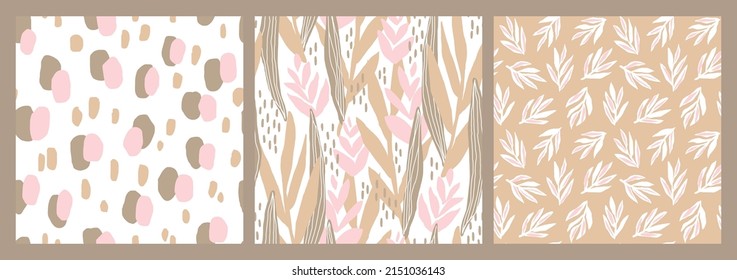 Set of artistic seamless patterns with abstract plants and shapes. Colorful floral illustration for paper and gift wrap. Fabric print modern design. Creative stylish background.